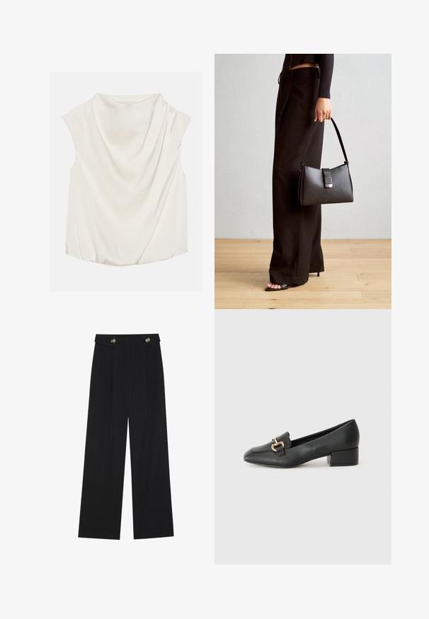 Anna Field Bluse - off-white; Svart vide bukser med høy midje, knappdetaljer på midjebåndet og frontplisser.; Sorte skinnloafers med flat hæl, med dekorativ detalj i gull foran og en jevn tekstur.; Svart håndveske med strukturert form, jevn tekstur og metallisk lås. Kombinert med brede svarte bukser og sandaler med åpen tå på tregulv.