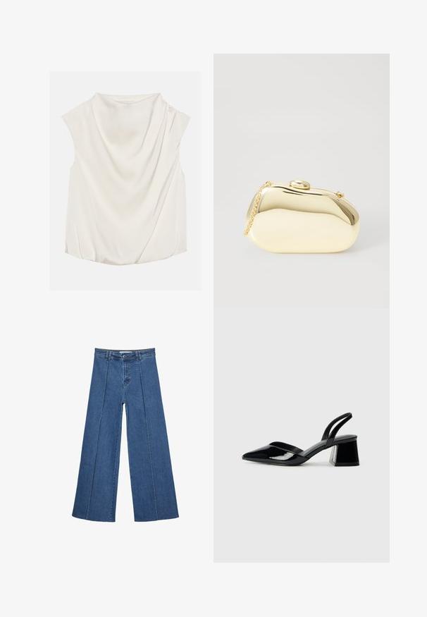 Anna Field Bluse - off-white; Bredde ben denim jeans i mellemblå, med høj talje, knaplukning og kontrasterende lodrette sømdetaljer foran.; Sorte patentlæder slingback hæle med spids tå og en geometrisk blok hæl. Har et elegant, minimalistisk design og en glat tekstur.; Metallic guld clutch med en glat, rund form, udstyret med en topknap-lås og et lille kædehåndtag til bæring.