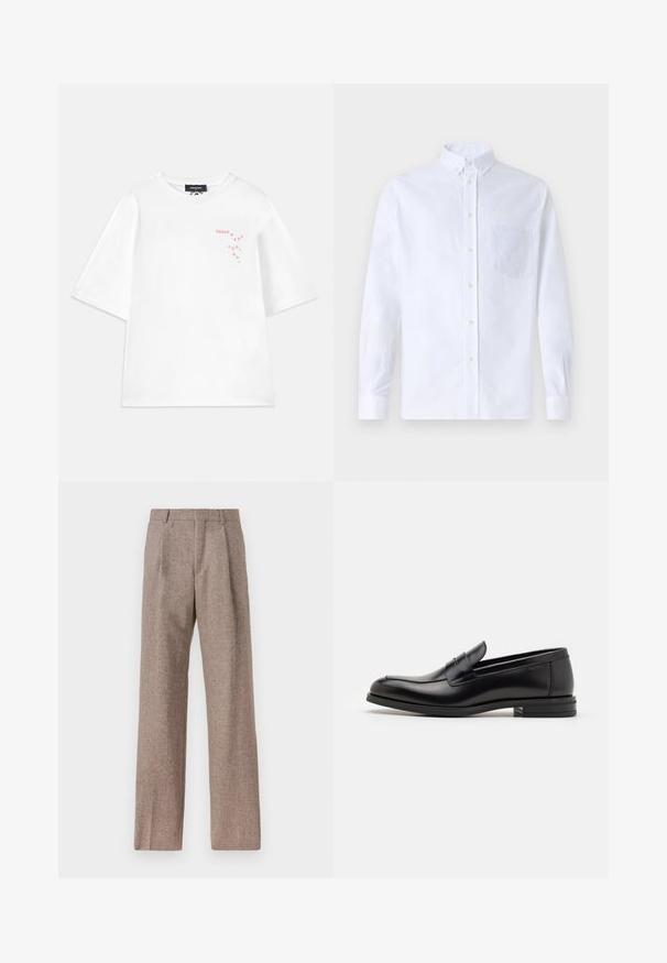 Dsquared2 LOOSE FIT TEE - Tričko s potlačou - white; Biely dlhý rukáv košeľa s gombíkmi vyrobená z bavlny, s náprsného vrecka s tonálnou výšivkou, golierom a gombíkovými manžetami.; Hnedé, vysoké nohavice vyrobené z texturovanej látky. Majú široké nohavice a dva predné záhyby pre štruktúru. Úhľadné spracovanie bez viditeľného kovania.; Čierne kožené mokasíny s hladkou textúrou, zaoblenou špičkou a dekoračným pásikom cez priehlavok. Nízky vrstvený opätok, minimalistický dizajn.