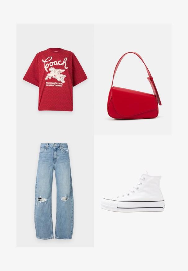 Červené oversized tričko vyrobené z bavlny, so bielou grafikou krídelného koňa a textom "Coach". Pozadie má jemný vzor loga.; Svetlomodré, vysoké džínsy vyrobené z denimu. Majú široké nohavice, dve roztrhnuté kolená a klasický päťvreckový strih.; Biele vysoké plátené tenisky s čiernou gumovou podošvou, prednou gumovou špičkou a šiestimi okami na šnúrky, s čistým, minimalistickým dizajnom.; Červená kožená kabelka s ostrým, geometrickým dizajnom. Má jeden nastaviteľný popruh a uzatváranie na klopu so šitím.