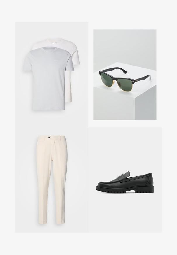 Divas divas īsām piedurknēm, viena gaiši pelēka un otra balta, izgatavotas no kokvilnas ar apaļu kakla izgriezumu. Uz pelēkās krekliņa ir smalks logotips.; Beige pielētas bikses ar plakanu priekšpusi, vienu pogu aizdari un diviem slīpiem sānu kabatām. Gluda auduma ar šauru piegriezumu un sašaurinātu kāju.; Melnas ādas loafers ar noapaļotu purngalu, ar izšūtu dizainu, zemu platformas zoli un teksturētu, rievotu gumijas ārējo zoli.; Ray-Ban saulesbrilles ar zaļiem stikliem, melniem plastmasas rāmiem un zelta akcentiem malās. Kvadrāta forma ar matētu apdari.