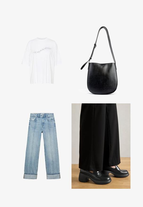 Hvid t-shirt lavet af bomuld, med et dekorativt sort sprøjtet mønster på forsiden, kortærmet og med en afslappet pasform.; Lys blå denim brede bukser med høj talje, der har fem lommer, synlige syninger og opsmøgede sømme ved manchetten.; Sorte platform sko med en blank finish og rund tå; tyk, tekstureret sort hæl med en let kurve; båret med løse sorte bukser.; Sort lædertaske med en glat overflade, buet form, justerbar rem og et diskret prægede logo på fronten.
