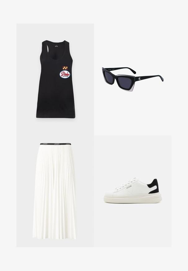 Črn top brez rokavov s krožno izrezom, ki ima vezen „Pinko Garage“ značko in rumeno-rjavo karo značko.; Gubasta bela krila z črnim elastičnim pasom, ki nosi logotip "LACOSTE". Srednje dolga zasnova z mehkobo tkanine.; Bele usnjene športne copate z debelim belim podplatom, črnimi semišnimi detajli na peti in utisnjenim logotipom na strani. Zavezovanje s šestimi luknjicami.; Črne prevelike sončne očala geometrijske oblike, z temnimi lečami in kontrastno sivo podrobnostjo na okvirju. Logo na ročaju.