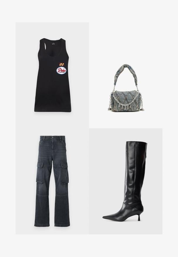 Mustast topist, millel on sügav kaelus, millel on tikandiga "Pinko Garage" plaastr ja kollane ning burgooni ruuduline sümbol.; Tumedat hallid cargo püksid, mis on valmistatud denimist, kahel külgpocketiga ja laia jala disainiga. Õmblustega detailid piki õmblusi ja servi.; Must musta kõrge saabas terava ninaga ja sihvakate kaartega kontsadega. Sile tekstuur, keha vastav disain ja nähtava riistvarata või mustriteta.; Denimist käekott, millel on tikandimuster, sinine värv, lühike põimitud käepide ja hõbedane kett, millel on metallist bränditekst.