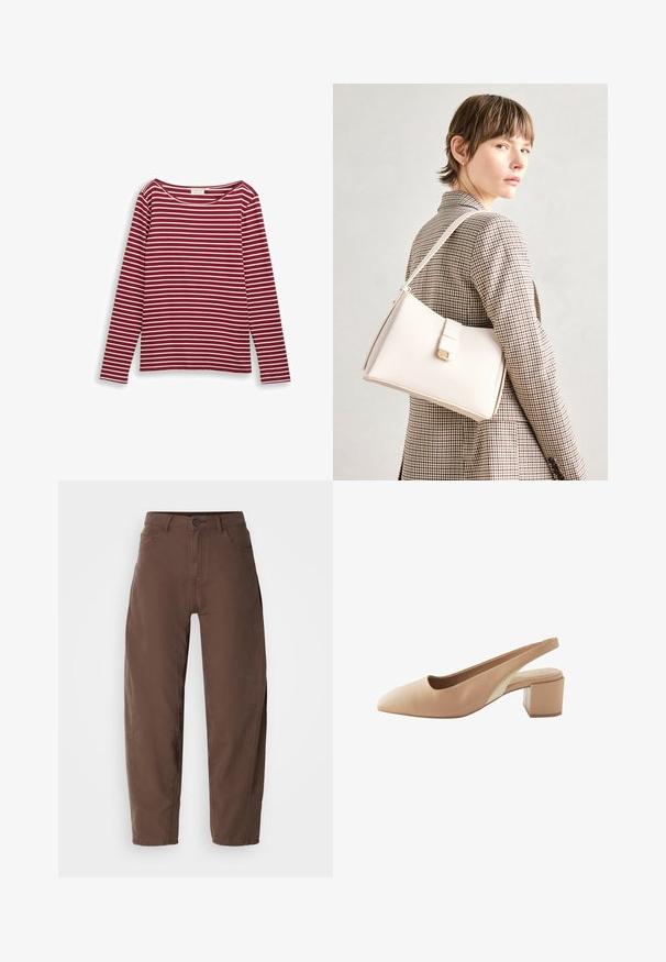 Tricou cu mâneci lungi, în dungi roșii și albe, cu un decolteu larg și croială dreaptă. Material moale cu linii orizontale uniforme.; Pantaloni drept bej, cu nasture și fermoar în față, cu bucle pentru curea și buzunare laterale, expuși pe un fundal alb.; Pantof cu toc slingback din piele nudă, cu vârf ascuțit, toc mic și un panou lateral contrastant bej. Textură netedă, design minimalist.; Geantă de mână din piele albă cu un design structurat, având o închidere magnetică și un breteau, expusă pe un fundal neutru.