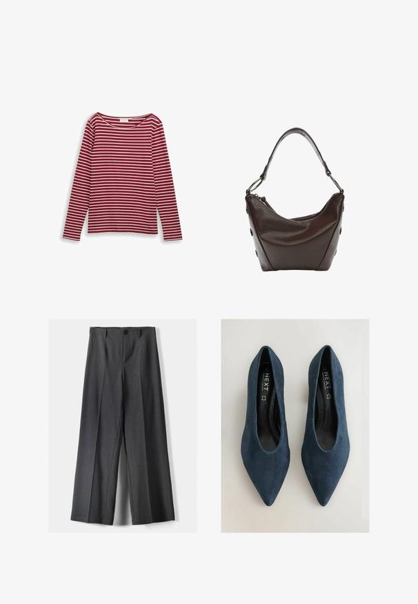 Piros és fehér csíkos, hosszú ujjú felső, széles kivágással és egyenes szabással. Puha anyag, egyenletes vízszintes vonalakkal.; Széles szárú nadrág sötétszürke anyagból, gombos záródással, elülső redőkkel és övhurkokkal. Simára kialakított textura, igényes szabással.; Sötétkék velúr, hegyes orrú cipő, sima felülettel és kivágott oldalakkal, fekete belsővel és logózott talppal.; Sötétbarna bőr kézi táska ívelt formával, cipzáras záródással és rövid fogantyúval. Fém kiegészítőkkel és dekoratív fekete gombokkal rendelkezik az oldalon.