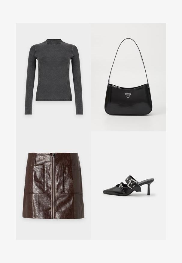 Top negru cu maneci lungi, realizat dintr-un material ribbed, având un guler înalt și o croială slim. Detaliile de cusătură pun în evidență forma.; Fustă mini din piele sintetică maro, cu un fermoar frontal, două buzunare mari în față și o textură netedă, lucioasă.; Mulele negre cu toc înalt, cu vârful ascuțit, fabricate din piele netedă. Dispun de o curea lată pentru gleznă, cu o cataramă pătrată din argint și cu cuie.; Geantă de umăr din piele patent neagră, cu o formă curbată, având un logo triangular argintiu și închidere cu fermoar. Textură netedă și curea subțire.