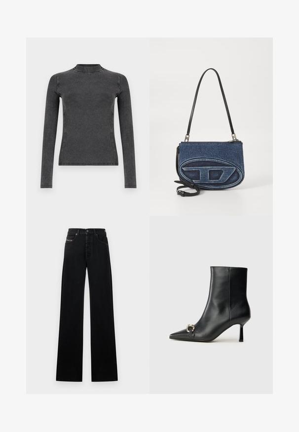 Black long-sleeve top made of ribbed fabric, featuring a high neckline and slim fit. Stitching details accentuate the shape.; Black wide-leg jeans made of denim, featuring a front button closure, five pockets, and a small logo patch on the waistband.; Black leather ankle boot with pointed toe, slim mid-height heel, and silver buckle detail on side against plain background.; Denim crossbody bag with a black leather strap, oval logo design on the front, and a zip closure at the top. Textured finish.