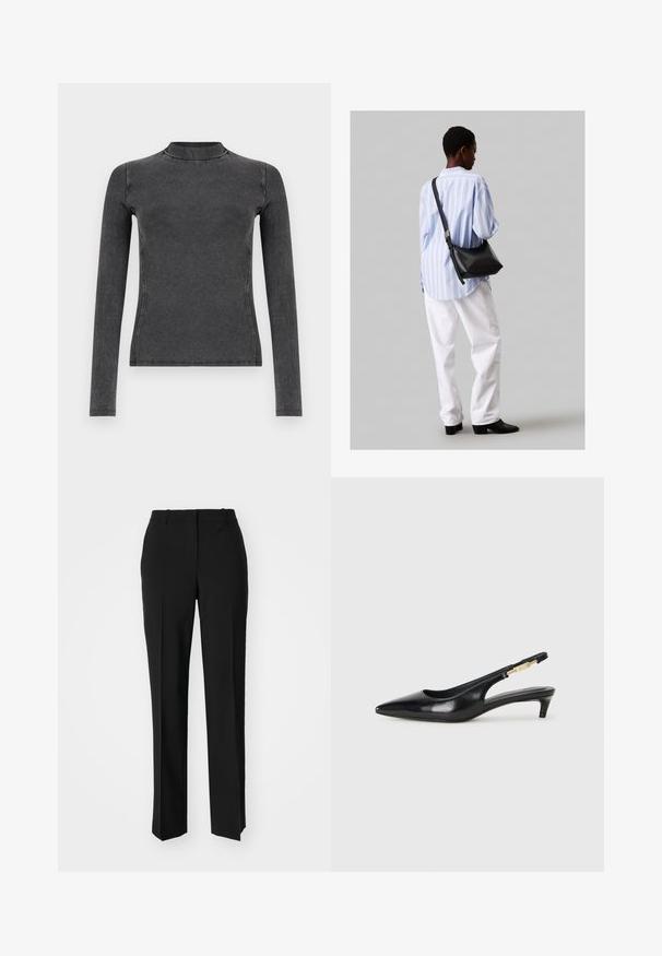 Mustapaita pitkillä hihoilla, valmistettu ribbitetystä kankaasta, jossa on korkea kaulus ja slim fit -malli. Ompeleet korostavat muotoa.; Mustat räätälöidyt housut suoraa lahjetta, joissa on sileä pinta ja terävät taitteet edessä. Ei näkyvää metalliosaa.; Mustat nahkaiset slingback-korkokengät, joissa on terävä kärki, ohuet korot ja kultasävytteinen yksityiskohta säädettävässä hihnassa. Silkkinen pinta.; Musta nahkainen olkalaukku, jossa on pehmeä rakenne, kolmion muoto ja säädettävä hihna, yhdistettynä vaaleansiniseen raidalliseen paitaan ja valkoisiin housuihin.