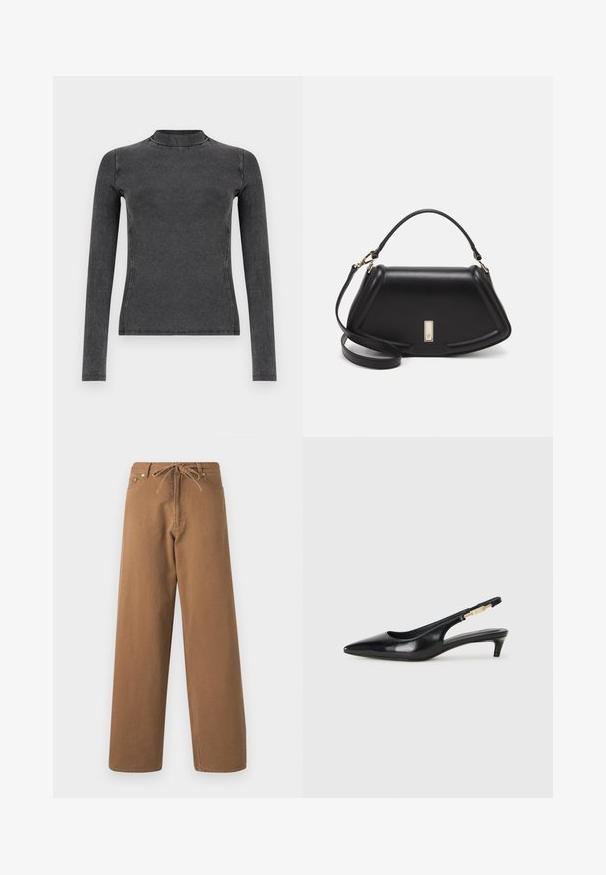 Svart långärmad topp i ribbat tyg med hög halsringning och slim fit. Sömnadsdetaljer framhäver formen.; Bruna vida byxor i bomull med dragsko i midjan och två framfickor. Strukturerad tyg med en slät finish.; Svart läder slingback-hälar med spetsig tå, med en smal klack och en guldtonad detalj på den justerbara remmen. Slät textur.; Svart läderhandväska med en strukturerad design, som har en avskuren form, ett handtag upptill och guldiga detaljer. Justerbar axelrem ingår.