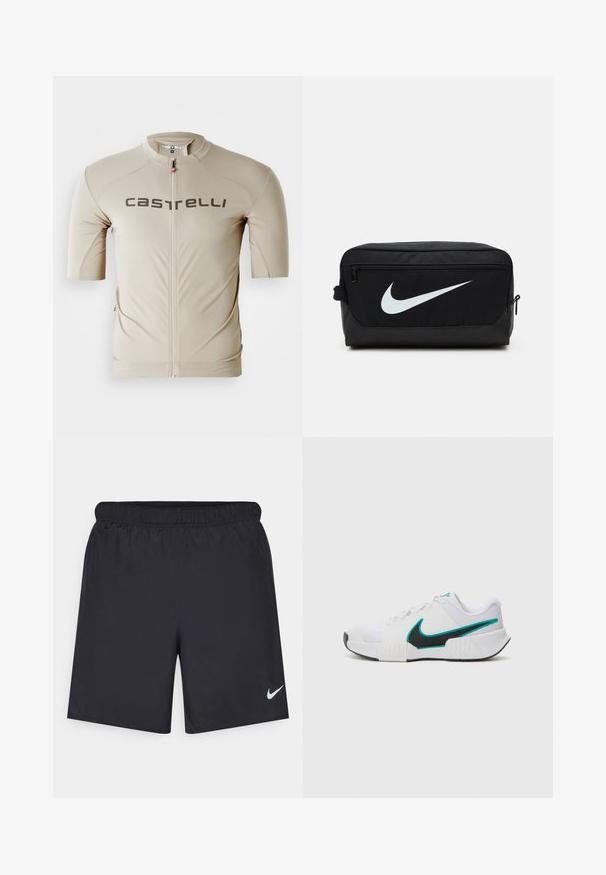 Beige színű, rövid ujjú kerékpáros mez, elöl cipzárral, a "Castelli" márkanevével sötétszürke színben a mellkas környékén. Sima textúrájú.; Fekete sportnadrág könnyű anyagból, rugalmas derékkal. A bal alsó oldalon egy kis fehér Nike-logó található.; Fehér sportcipő, texturált hálós felsőrésszel, fekete gumi talppal és türkiz Nike pipa akcentussal. Fűzős, párnázott bokarésszel rendelkezik.; Fekete Nike pipere táska sima textúrával, fehér swoosh logóval, felső zipzárral és oldalsó zsebbel.