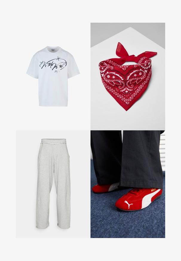 Balta medvilninė marškinėlė su sidabriniu tekstu ir žvaigždėmis. Atsipalaidavęs modelis, trumpomis rankovėmis ir apvaliu kaklu.; Šviesiai pilki, platūs sportiniai džinsai su elastine juosmens juosta ir šoninėmis kišenėmis. Minkšta tekstūra su nusidėvėjusiais kraštų detalėmis ant kojų atidarymo.; Raudoni zomšiniai sportbačiai su baltais akcentais, turintys tekstūruotą medžiagą, apvalią nosį ir auksinį logotipą šone, dėvimi su juodomis kelnėmis.; Raudonas medvilninis bandanas su baltais paisley raštais, turintis trikampio formą ir išryškintą surištą mazgą viršuje.
