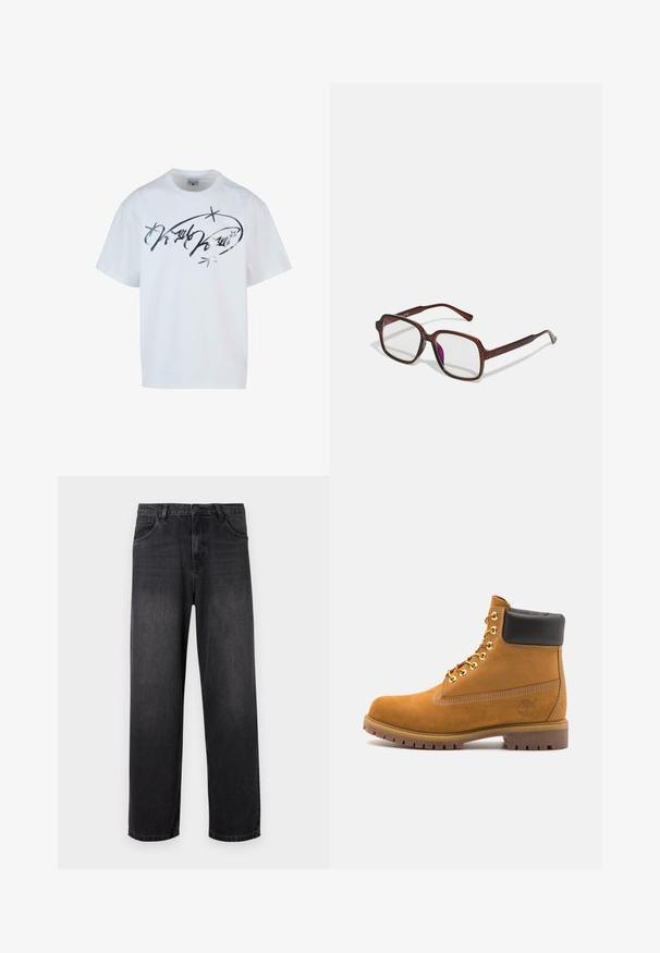Bílá bavlněná tričko s potiskem stříbrným písmem a hvězdami. Volný střih s krátkými rukávy a kulatým výstřihem.; Tmavě šedé džíny z denimu s rovnými nohavicemi, obsahující zipový klzip, pět kapes a jemné vybledlé detaily na látce.; Hnědé semišové kotníkové boty s černým polstrovaným límcem, zlatými kovovými očky, bílým prošíváním a odolnou gumovou podrážkou s výraznými drážkami.; Hnědé, obdélníkové brýle s průhlednými skly a fialovými odstíny. Hladký plastový rám s rovnými nohami a jemnými akcenty.