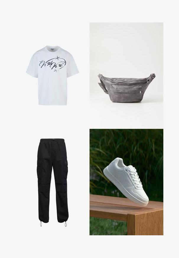 Balta kokvilnas T-krekls ar sudraba rakstu un zvaigznēm. Brīvs piegriezums, īsām piedurknēm un apaļu kakla izgriezumu.; Melni kravu bikses ar aukliņu viduklim, kas iekļauj divas sānu kabatas, brīvu piegriezumu un elastīgas aproces pie potītēm. Izgatavotas no izturīgas auduma.; Baltie sporta apavi ar gludu sintētisku augšpusi, perforētu pirkstu daļu, plakani šņorēm un rakstainu zoli, novietoti uz koka virsmas.; Pelēks zamšādas jostas somiņa ar noapaļotu formu, divām kabatām ar rāvējslēdzējiem un regulējamu siksnu. Iekļauj metāla aksesuārus.