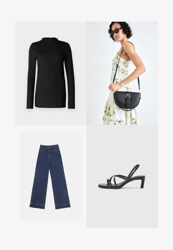 Black long-sleeve top with a textured finish, featuring a scalloped neckline and minimalistic design. Smooth fabric; no visible hardware or patterns.; Wide-leg jeans in dark blue denim. Features five pockets, belt loops, and a raw hem at the bottom with visible stitching details.; Black strappy sandal with a square toe and a low block heel. Features multiple thin straps and an adjustable ankle strap. Made of smooth leather.; Black leather handbag with a curved shape, detachable strap, and gold hardware. The bag features a flap with a buckle detail.; Silver double-band ring with a smooth, polished surface. Features a fluid, curved design with overlapping sections for a modern look.