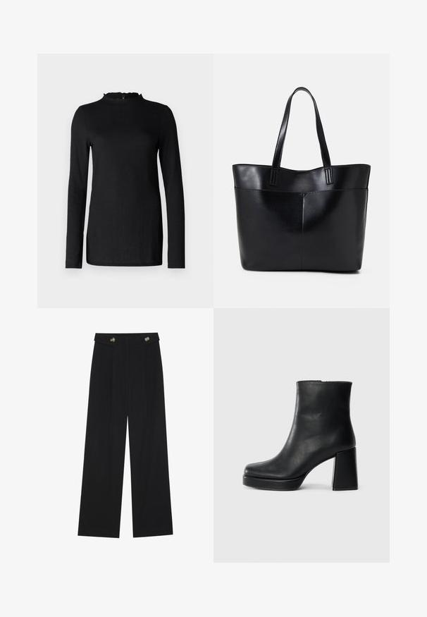 Melna garām piedurknēm blūze ar teksturētu virsmu, ar viļņotu apkakli un minimālistisku dizainu. Gluda auduma; nav redzamu metāla detaļu vai rakstu.; Melnas platās bikses ar augstu jostasvietu, pogu detaļām uz jostas un priekšējām krokām.; Melna ādas potīšu zābaku ar bloku papēdi un platformas zoli, skatīts no sāna uz vienkārša balta fona.; Melnas ādas iepirkumu soma ar divām garām rokturām, gludu tekstūru un strukturētu formu. Iekļauj priekšējo kabatu papildu uzglabāšanai.