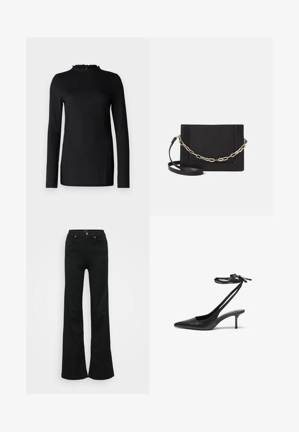 Čierny top s dlhým rukávom a textúrovaným povrchom, s výstrihom v tvare vlny a minimalistickým dizajnom. Hladká látka; žiadne viditeľné kovové časti ani vzory.; Čierne rozšírené džínsy vyrobené z denimu, s vysokým pásom, piatimi vreckami a kovovým zapínaním. Hladká textúra s minimálnym zdobením.; Čierne kožené stiletto topánky s špicatou špičkou, otvorenou zadnou časťou a remienkami na členku viazanými do mašle. Úzky 3-palcový opätok. Hladká textura, minimalistický dizajn.; Čierna kožená crossbody taška s hladkou textúrou, obdĺžnikovým tvarom a kovovým reťazovým detailom na prednej strane. Súčasťou je nastaviteľný popruh.; Strieborný prsteň s dvojitým pásikom s hladkým, lesklým povrchom. Má plynulý, zakrivený dizajn s prekryvajúcimi sa časťami pre moderný vzhľad.