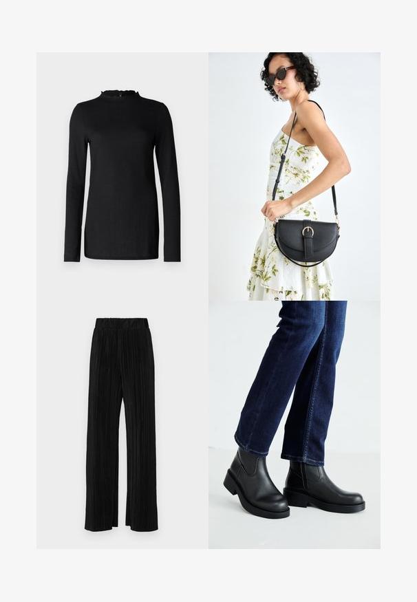 Fekete, hosszú ujjú felső, texturált felülettel, fodros nyakkivágással és minimalista dizájnnal. Sima anyag; látható hardware vagy minták nélkül.; Fekete pliszírozott nadrág gumis derekkal. Széles lábakkal rendelkezik, sima, texturált anyagból készült, függőleges csíkokkal.; Fekete bőr bokacsizma vastag talppal és oldalán elnyújtott elasztikus betétekkel, sötétkék farmerral párosítva. A talaj világos színű.; Fekete bőrtáska ívelt formával, levehető pánttal és arany színű fémrészekkel. A táskán egy csattal díszített fedél található.