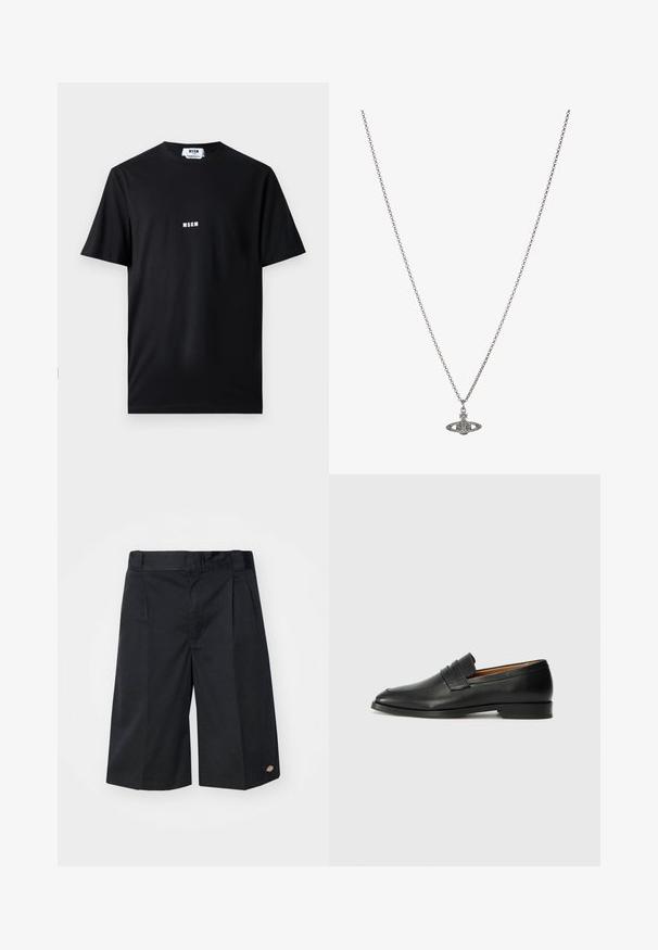 Zwarte katoenen t-shirt met ronde hals en korte mouwen. Voorkant toont het witte "MSGM" logo gecentreerd. Soepele textuur, normale pasvorm.; Zwarte shorts met een getailleerd ontwerp, voorzien van platte plooien aan de voorkant, een standaard tailleband en zijzakken. Gemaakt van stevige stof.; Zwarte leren instapper met een ronde neus, subtiele stikdetails en een lage hak, met een gladde textuur en een minimalistisch ontwerp.; Zilveren ketting met een gedetailleerde hanger in de vorm van een planeet, versierd met kleine accenten en verfijnde patronen.
