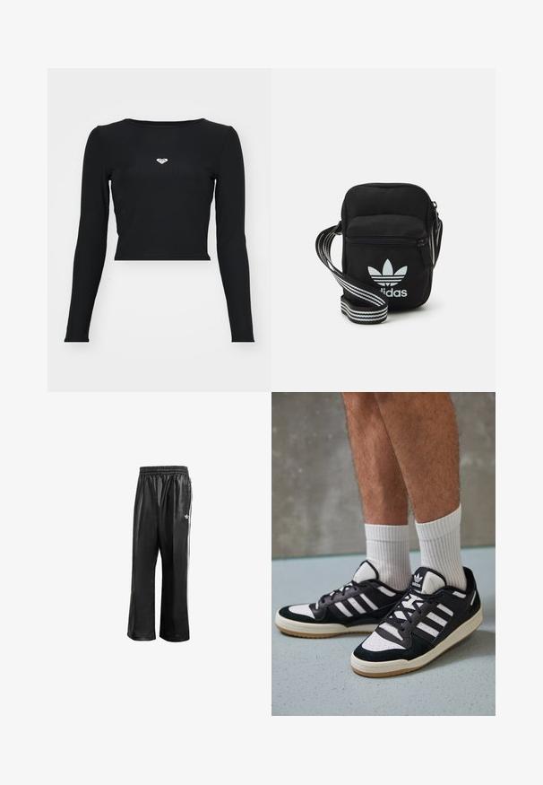 Svart langermet topp med ribbestruktur, rund hals og kort design. Har en liten hvit logo i midten.; Sorte syntetiske treningsbukser med elastisk midje, som har hvite sidestreker og en liten hvit logo på venstre hofte.; Sorte og hvite sneakers med overdel i semsket skinn og lær, med tre hvite striper, perforert tå og en såle av gummi.; Svart stoff crossbody veske med glidelås, med en hvit Adidas-logo og enstripet justerbar stropp for enkel bæring.