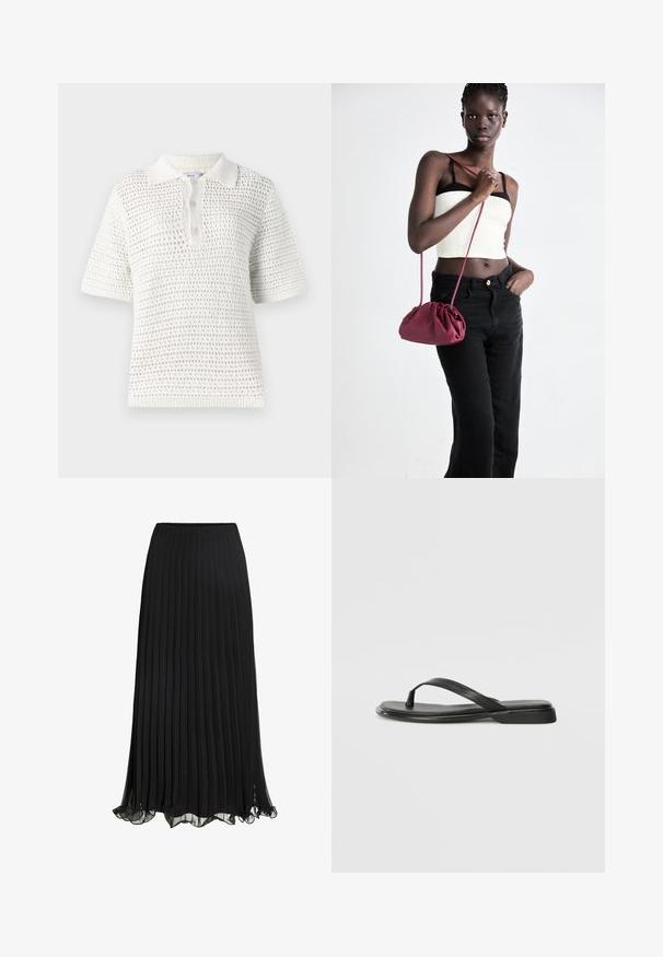 Polo à manches courtes blanc fabriqué en tissu tricot léger. Il présente un motif texturé, un col et une patte de boutonnage à trois boutons.; Jupe maxi plissée noire en tissu léger avec un design fluide. Comprend un ourlet volanté et une taille élastique pour le confort.; Tongs noires en cuir lisse, avec un design de sangle fine et une semelle plate à profil minimal. Aucun motif ou accent notables.; Sac à main en tissu doux bordeaux avec un design froncé et une longue sangle, porté en bandoulière. Le mannequin porte un top court blanc et un jean noir.