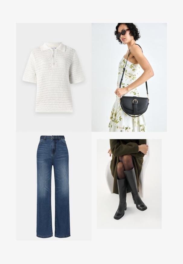 Balta trumpa rankovė polo marškinėliai, pagaminti iš lengvos megzto audinio. Savybės - tekstūruotas raštas, apykaklė ir trijų mygtukų skyrius.; Plati kojos mėlynos džinsinės kelnės su aukštu liemeniu, su dviem metaliniais sagtelėmis, švelniu blukimu ir standartiniu penkių kišenių dizainu.; Juodos odinės pradžios ilgio bateliai su kvadratu formos nosimi ir bloko kulnu, demonstruojami su modeliu, sėdinčiu alyvuogių žalios spalvos švarku. Lygi tekstūra, minimalus puošimas.; Juodas odinis krepšys su išlenkta forma, nuimamu dirželiu ir auksiniais detalėmis. Krepšys turi kilpą su sagtimi.