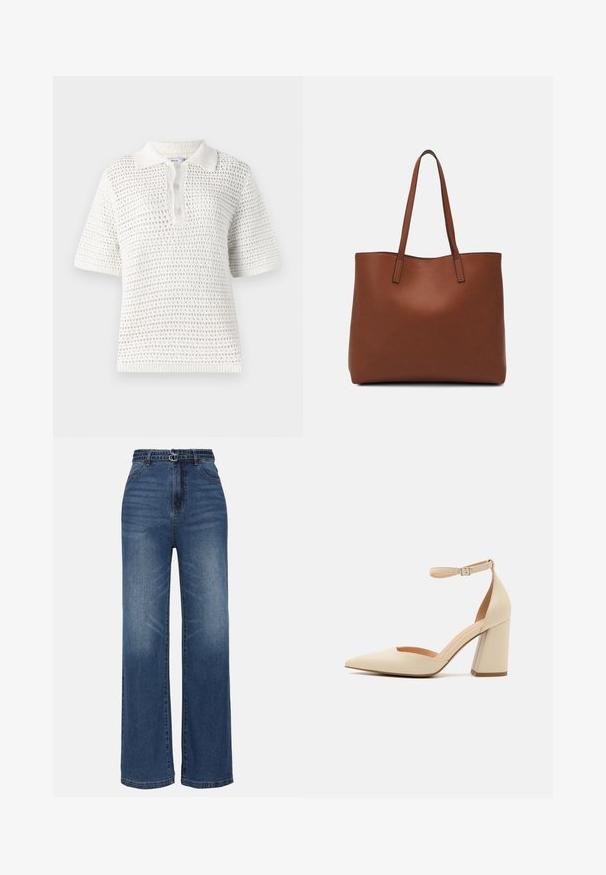 Weißes Polohemd mit kurzen Ärmeln aus leichtem Strickmaterial. Verfügt über ein strukturiertes Muster, einen Kragen und eine Knopfleiste mit drei Knöpfen.; Weite blaue Denim-Jeans mit hoher Taille, zwei Metall-Schnallen, subtilen Verwaschungen und dem klassischen Fünf-Taschen-Design.; Beige Lackleder-High-Heel-Pumps mit spitzen Zehen, Knöchelriemen und dicker Absatzhöhe. Glatte Textur mit minimalen Steppdetails.; Braune Leder-Tote mit glatter Textur, offenem Oberteil und zwei Schulterriemen. Verfügt über minimale Nähte und keine sichtbaren Beschläge.