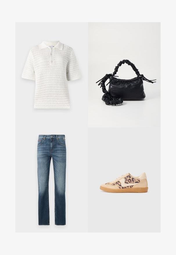 Weißes Polohemd mit kurzen Ärmeln aus leichtem Strickmaterial. Verfügt über ein strukturiertes Muster, einen Kragen und eine Knopfleiste mit drei Knöpfen.; Dunkelblaue Denim-Jeans mit geradem Bein, sanften Ausbleichungen an den Oberschenkeln und kontrastierenden Nähten. Klassisches Fünf-Taschen-Design mit einem Reißverschluss.; Löwenmuster-Sneaker mit beige Wildleder-Obermaterial, tanfarbener Gummisohle und weißen Akzenten. Runde Zehenform und Schnürdesign mit strukturiertem Finish.; Schwarze Handtasche aus Kunstleder mit Krokodilstruktur, gerafftem oberen Teil und einem geschoppten Tragegurt. Sie wirkt weich und kompakt im Design.