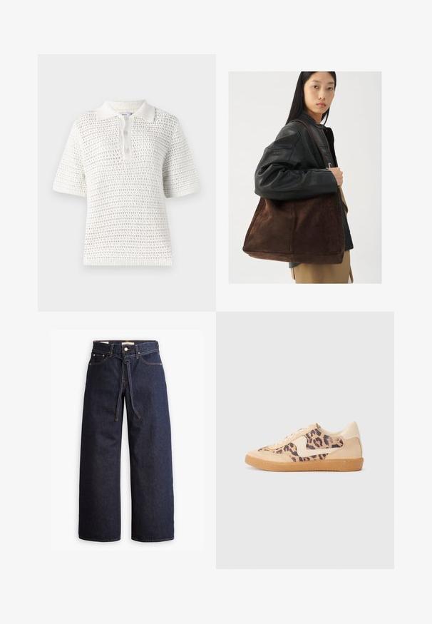 Witte polo met korte mouwen, gemaakt van lichtgewicht gebreide stof. Beschikt over een gestructureerd patroon, kraag en een placket met drie knopen.; Wijd pijpjes donkerblauwe denim jeans met een hoge taille, voorzien van een trekkoord, vijf zakken en contrasterende stiksels.; Luipaardprint sneakers met een beige suède bovenkant, tan rubberen zool en witte accenten. Ronde neus en vetersluiting met een gestructureerde afwerking.; Bruine suède tote bag met een brede vorm en zachte textuur, voorzien van een enkele schouderband en minimale hardware tegen een neutrale achtergrond.