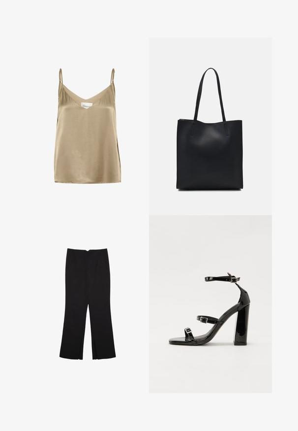 Satin top med justerbare stropper, der har en dyb V-halsudskæring; farven er dæmpet guld med en glat, skinnende tekstur og minimale designelementer.; Sorte bukser med lige pasform, der har frontlommer og slidser i kanten. Lavet af blødt, glat stof. Velegnet til forskellige anledninger.; Sorte patenterede hælsandaler med firkantet tå, ankelremme og sølvspænder. Har en chunky blokHæl for stabilitet.; Sort læder tote taske med glat tekstur, rektangulær form og to lange hanke. Ingen synlig hardware eller udsmykninger.