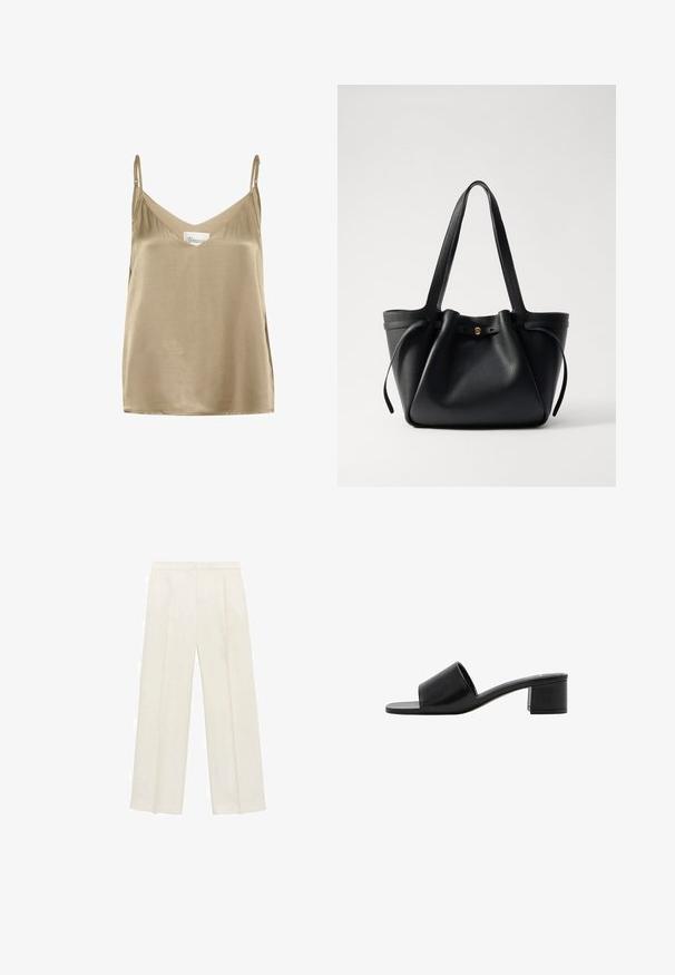 Camisol din satin cu bretele ajustabile, având un decolteu adânc în V; culoarea este auriu pastelat, cu o textură netedă și lucioasă și elemente de design minimale.; Pantaloni cu picioare largi, de culoare crem deschis. Realizați dintr-un material neted, cu plisuri în față și buzunare laterale.; Sandal cu vârf deschis din piele neagră, cu o curea lată și un toc solid. Prezintă o textură netedă și un design minimalist.; Geantă tote din piele neagră, cu două bretele lungi, un vârf strâns și un accent circular auriu. Textură netedă cu un design minimalist.