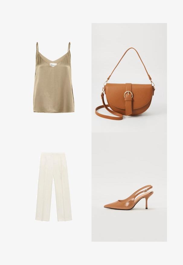 Satin camisole s podešivim naramenicama, s dubokim V-izrezom; boja je prigušena zlatna s glatkom, sjajnom teksturom i minimalnim dizajnerskim elementima.; Hlače širokog kroja u svijetloj krem boji. Izrađene su od glatkog materijala s plisama sprijeda i bočnim džepovima.; Sandal s petom u obliku šiljastog prsta od glatkog, sjajnog smeškastog materijala. Ima zakrivljeni izrez i vitku štiklu. Detalj s srebrnom kopčom.; Smeđa kožna torba preko tijela s zakrivljenim oblikom, zlatnim metalnim detaljima i naglaskom na kopču. Ima odvojivu naramenicu.