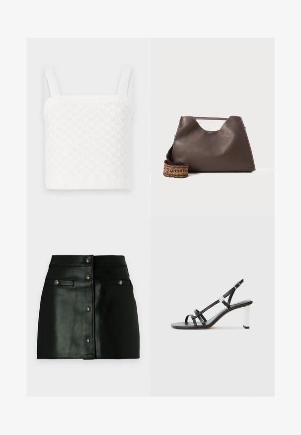 Hvit strikket topp med rektangulær halslinje, med teksturerte mønstre og brede ribbede stropper. Mykt stoff med subtil glans.; Svart skinn miniskjørt med frontlukking, to framlommer og metalliske detaljer. Glatt tekstur med en tettsittende design.; Svarte hæler med flere smale stropper, slinga bak og sølvfarge på hælen. Glatt overmateriale og firkantet hæl.; Brun lærveske med teksturert overflate, kantete design og et karakteristisk topphåndtak. Har et mønstret vevd stroppdetalj.
