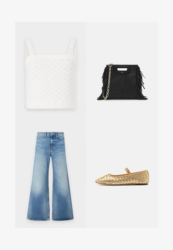 Hvid strikket crop top med firkantet halsudskæring, prydet med teksturerede mønstre og brede ribbede stropper. Blødt stof med en subtil glans.; Lyseblå denim flare jeans med høj talje, fem-lomme design, subtil falmning og broderet brandlogo over baglommen.; Loeffler Randall LEONIE SOFT BALLET FLAT - Ballerinasko m/ rem - gold; Sort læder skuldertaske med frynse-detaljer, guldkæde skulderrem og udskåret håndtag. Har logo placeret på forsiden.