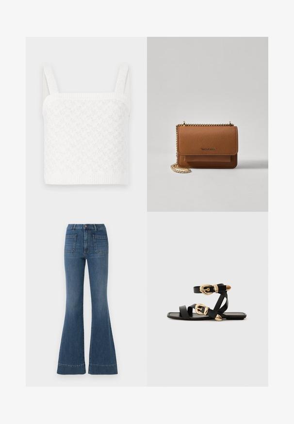 Weißes gestricktes Crop-Top mit einem quadratischen Ausschnitt, das mit strukturierten Mustern und breiten Rippträgern versehen ist. Weicher Stoff mit subtiler Struktur.; Ausgestellte blaue Jeans in mittlerem Waschungsstil mit hoher Taille, fünf Taschen und leichter Ausbleichung um die Knie und Oberschenkel.; Schwarze Ledersandalen mit goldenen Schnallenakzenten, die mehrere Riemen und ein flaches Sohlendesign für das Tragen mit offenen Zehen bieten.; Braune strukturierte Ledertasche mit goldener Kettenriemen und Klappenverschluss. Die Vorderseite zeigt ein Logo-Detail und eine Tasche unter der Klappe.