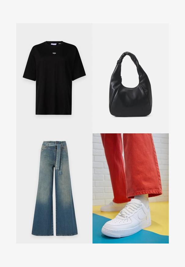 JJXX JXALVA LOOSE PRINT TEE - Základné tričko - black; Džínsy s širokými nohavicami, ktoré majú prechod od svetlomodrej po tmavomodrú, vysoký pás, pútka na opasok a opasok z rovnakého materiálu. Textúrovaný denimový povrch.; Biele kožené tenisky s perforovanou špičkou, textúrovanou podrážkou a bielymi šnúrkami, spárované so širokými červenými nohavicami na modrom a žltom pozadí.; Čierna kabelka typu hobo z hladkého materiálu podobného kože s prekrútenou rukoväťou, s jemným, zaobleným tvarom a vrchným zipsom.; Zlaté kruhové náušnice s hladkým, lesklým povrchom. Cirkulárny dizajn s malým steblom a jasným záznamom pre bezpečné nosenie.