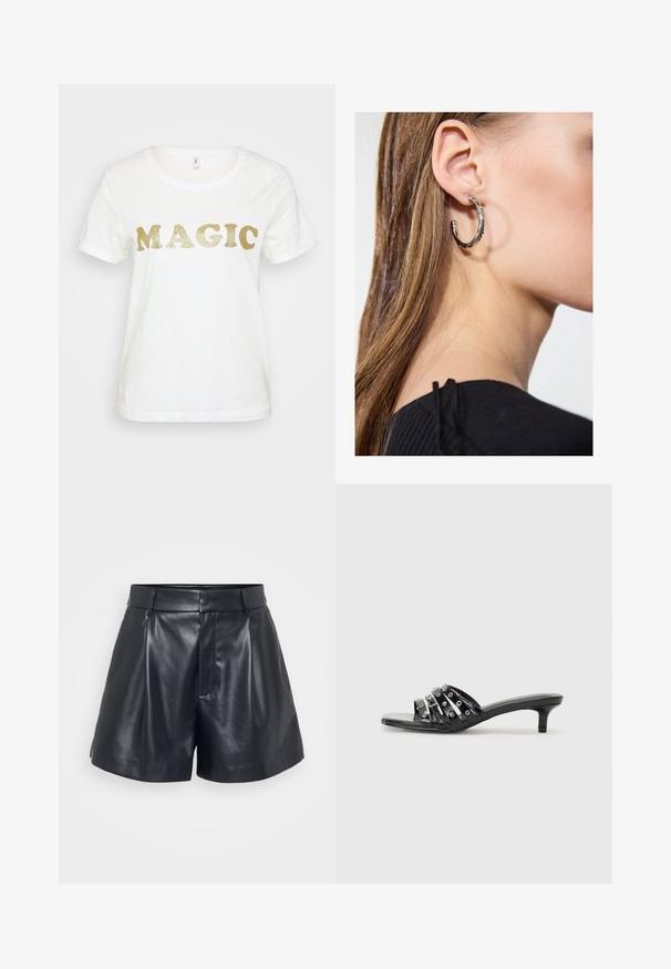 White T-shirt with short sleeves, featuring the word "MAGIC" in large glittery gold letters across the front. Smooth cotton texture.; Black leather shorts with a smooth texture, tailored design, pleated front, and belt loops; features a hidden zipper pocket on the side.; Black heeled sandals with multiple glossy straps and metallic accents, featuring a pointed toe and modest kitten heels. Smooth texture.; Silver hoop earring with a polished finish, featuring small gold accent details and a round shape, worn on the lobe.