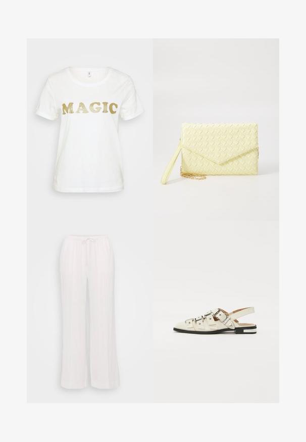 Biela tričko s krátkymi rukávmi, na prednej strane s veľkým nápisom "MAGIC" v lesklých zlatých písmenách. Hladká bavlnená textúra.; Biele široké nohavice vyrobené z ľahkého materiálu, s elastickým pásom a šnúrkou na stiahnutie, s vertikálnymi švami pre textúru.; Sandalové topánky so zapínaním vzadu z bielej kože s viacerými širokými popruhmi a striebornými prackami; plochá podrážka s malým čiernym podpätkom a metalickými akcentmi.; Žltý tkaný clutch peňaženka s preklápacím dizajnom, odnímateľným zápästným remienkom a zlatým reťazovým doplnkom. Hladký povrch a obdĺžnikový tvar.; Zlaté kruhové náušnice s hladkým, lesklým povrchom. Cirkulárny dizajn s malým steblom a jasným záznamom pre bezpečné nosenie.