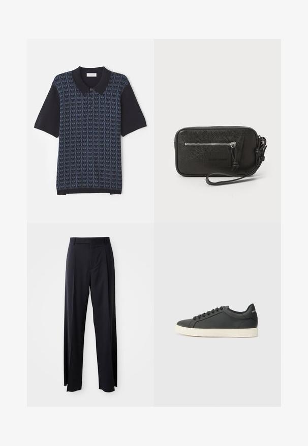 Tengerészet kékszínű póló, amely változó árnyalatú kék geometriai mintával rendelkezik, rövid ujjú és klasszikus galléros, gombos elülső része van.; Fekete, magasan ültetett nadrág, széles szárai vannak, sima anyagból készült. Elülső redők és övhurkok jellemzik. Minimalista dizájn, látható fémalkatrészek nélkül.; Fekete bőr sportcipő alacsony profilú, lekerekített orral és fűzős záródással; texturált gumitalppal és logó részlettel a saroknál.; Fekete bőr kézitáska texturált felülettel, elülső cipzáras zsebbel és levehető csuklópánttal. Elől logóval ellátott folt található. Téglalap alakú.