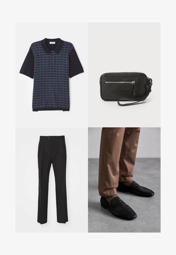Lietus zilas polo krekls ar ģeometrisku rakstu dažādās zilās toņu niansēs, īsām piedurknēm un klasisku apkakli ar pogu priekšpusi.; Melnas pieguļoša stila bikses ar taisnu kāju dizainu, divām priekšējām kabatām un dubultu pogu aizdari jostasvietā. Gluda auduma tekstūra.; Melnas loaferes ar teksturētu rakstu, ar noapaļotu purngalu un zemu profilu. Apvienotas ar brūnām biksēm uz pelēka virsmas.; Melnas ādas clutch soma ar teksturētu virsmu, priekšējo rāvējslēdzēja kabatu un noņemamu roku siksnu. Iekļauts logotipa uzlikums priekšpusē. Taisnstūra forma.