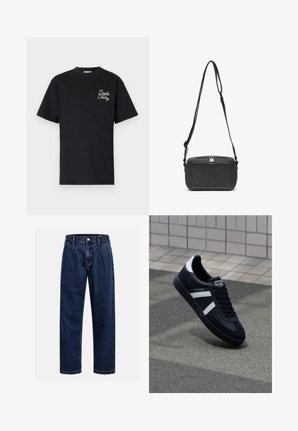 Black cotton t-shirt featuring short sleeves, a crew neck, and a white embroidered "Crypto Cowboy" logo on the left chest.; Dark blue denim jeans with a straight-leg design. Features visible stitching, a button closure, and front pleats for added detail.; Black leather sneaker with white stripes, textured rubber sole, and lace-up front. Features a branded label on the tongue.; Black leather crossbody bag with a zip closure, embossed logo on the front, and adjustable strap. Smooth texture with a rectangular shape.