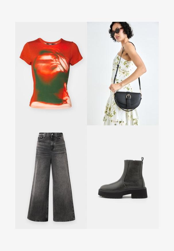 Jaded London SHORT SLEEVE BABY TEE - Tričko s potlačou - red; Džínsy s širokými nohavicami z čierneho denimu s vyblednutým umývaním, dizajnom so piatimi vreckami a gombíkovým zapínaním na páse, s prešitými detailmi.; Čierne členkové čižmy s hladkým syntetickým zvrškom, elastickými bočnými panelmi, poutkom a robustnou gumovou podrážkou.; Čierna kožená kabelka s zaobleným tvarom, odnímateľným popruhom a zlatými doplnkami. Kabelka má klopu s detailom s prackou.