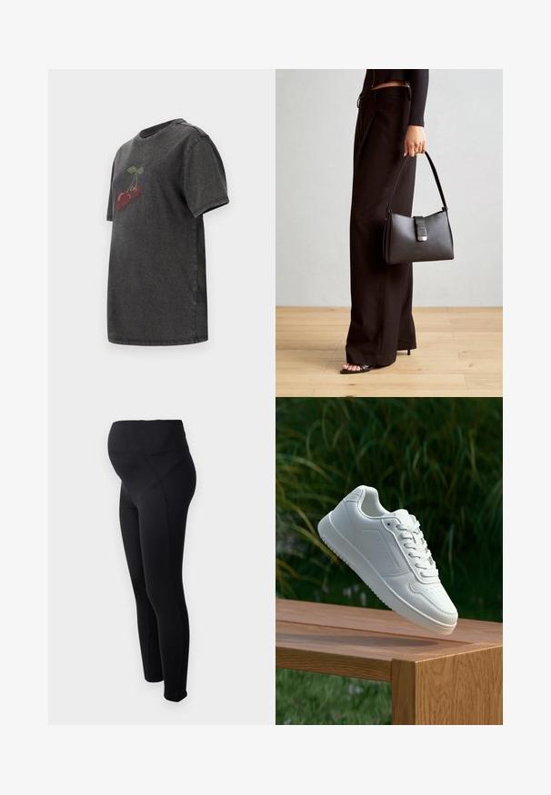 Camiseta de algodón gris oscuro con mangas cortas, que presenta un diseño de cereza en strass rojos y verdes en el frontal. Cuello redondo clásico.; Leggings de maternidad negros con una cinturilla alta, hechos de un material elástico. Presentan una textura suave y un diseño ajustado para mayor comodidad.; Zapatilla blanca con un upper sintético suave, caja de dedos perforada, cordones planos y una suela texturizada, exhibida sobre una superficie de madera.; Bolso negro con forma estructurada, textura suave y un cierre metálico. Combinado con pantalones anchos negros y sandalias de dedo en un suelo de madera.