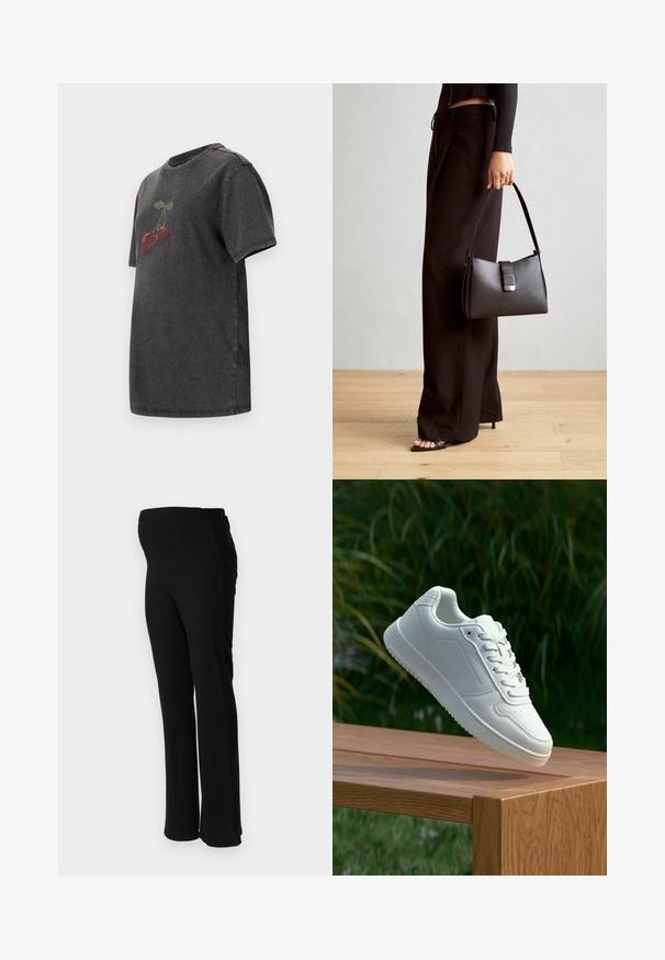 Tumehallist puuvillast T-särgist lühikeste varrukatega, mille esiküljel on kirsi muster punaste ja roheliste sädelevate kividena. Klassikaline ümar kaelus.; ONLY MATERNITY OLMHALLE - Püksid - black; Valged sneakerd, millel on sile sünteetiline ülemine osa, väikeste aukudega varvaskast, lamedad paelad ja tekstuuriga tald, eksponeeritud puidust pinnal.; Must musta kott, millel on struktureeritud kuju, sile tekstuur ja metallist klamber. Kombineeritud laiate mustade pükstega ja avatud varvaste sandaalidega puidust põrandal.
