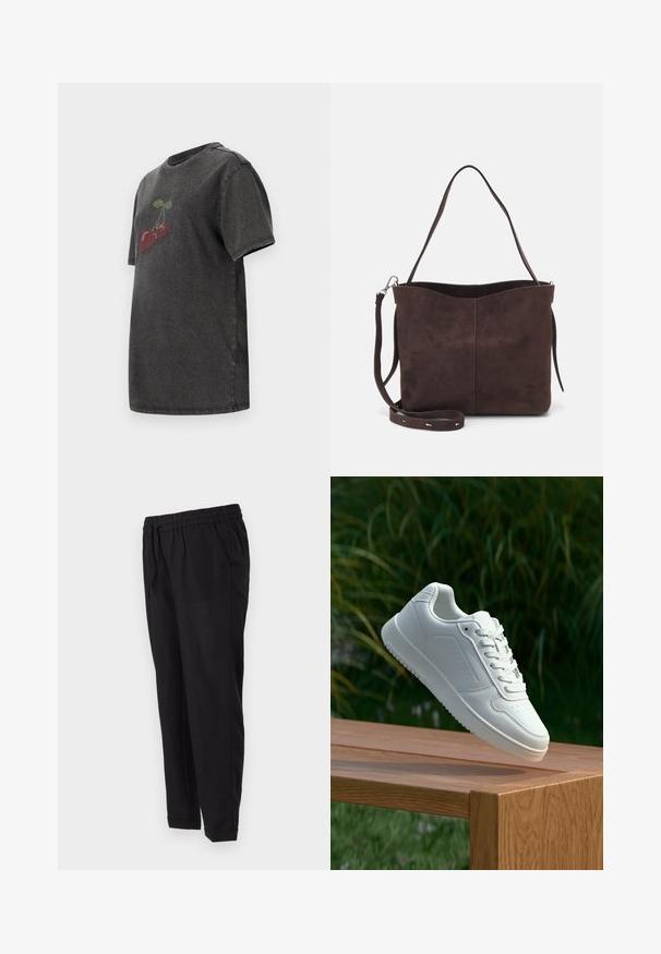 Tamsiai pilka medvilnė marškinėliai su trumpomis rankovėmis, su vyšnių dizainu raudonais ir žaliais cirkoniais priekyje. Klasikinis apvalus kaklo iškirpimas.; Juodi kelniai su elastinga juosmens juosta, šoninėmis kišenėmis, siaurėjančiomis kojomis ir sukniubusiais manžetais. Pagaminti iš švelnaus, lengvo audinio.; Balti sneakeriai su lygia sintetine viršutine dalimi, perforuota pirštų zona, plokščiomis raištelėmis ir tekstūruotu padu, padėti ant medinės paviršiaus.; Ruda suede audinė su minkšta tekstūra, turinti vieną petį ir subtilų kreivinį viršutinį atidarymą. Matomų metalinių detalių nėra.