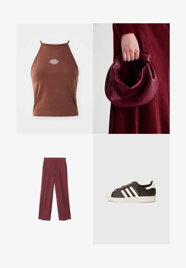 Hnedý bezrúškový crop top vyrobený z elastického materiálu, s farebným logom "Dickies" na prednej strane a tenkými ramienkami.; Bordové nohavice s širokými nohavicami a hladkým povrchom, s bočnými vreckami a vysokým pásom. Ušité s čistým predným záhybom.; Nízke tenisky Adidas Superstar z tmavohnedej kože s béžovou špičkou, bielymi pruhmi a nápisom „Superstar“ na boku.; Burgundská kožená kabelka s mäkkým, zhromaždeným dizajnom a zaobleným tvarom. Rukoväť je pevne zaisťujúca a vystavuje hladkú textúru.