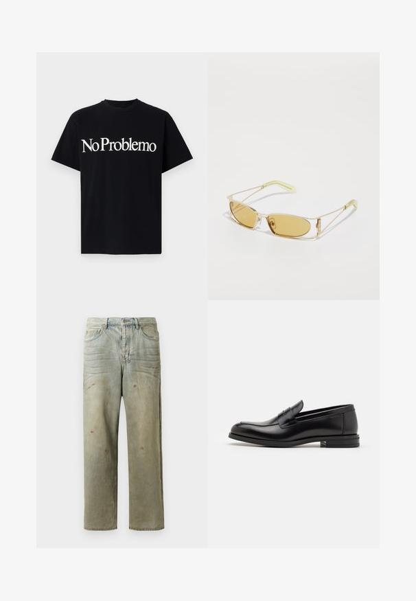 Camiseta de algodón negra con mangas cortas y cuello redondo. El texto frontal dice "No Problemo" en una gran fuente blanca.; Jeans de mezclilla desgastados en verde claro, con corte recto, diseño de cinco bolsillos y decoloración desigual con manchas de pintura.; Mocasines de cuero negro con una textura suave, puntera redondeada y una tira decorativa en el empeine. Tacón bajo apilado, diseño minimalista.; Gafas de sol con tintado amarillo, con un marco dorado translúcido, forma rectangular delgada y brazos angulares con acentos de color verde claro.