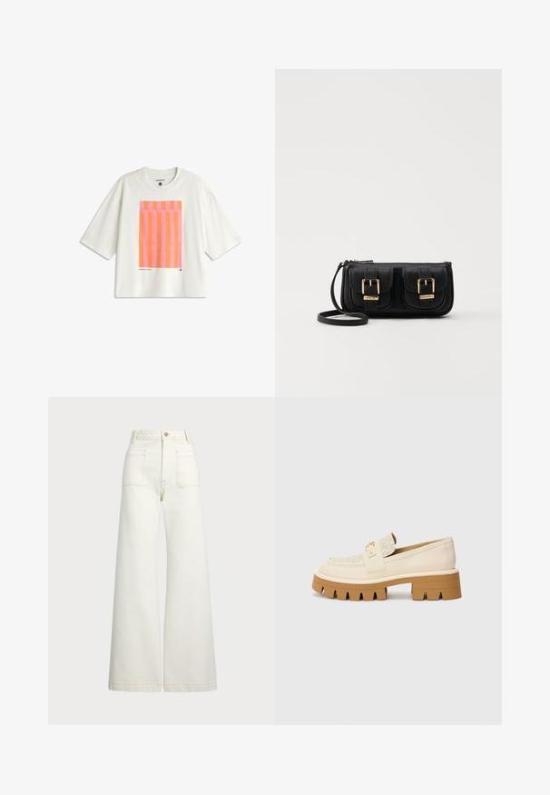 White oversized t-shirt made of cotton, featuring a graphic design with vertical pink and orange stripes on the front.; Wide-leg jeans in off-white denim. High-waisted design with a button closure, two front pockets, and contrast stitching details.; Beige loafers with a textured cream strap, featuring a chunky brown sole with teeth-like patterns. Gold accent on the buckle detail.; Black leather crossbody bag with two front pockets, gold buckles, zipper closure, and a slim strap. Textured surface and compact rectangular shape.
