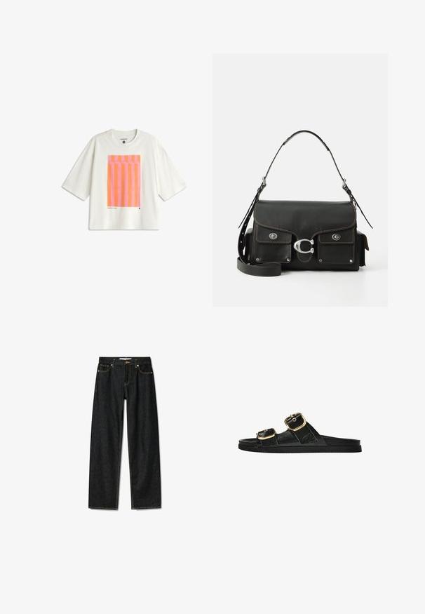 Weißes, oversized T-Shirt aus Baumwolle mit einem grafischen Design, das auf der Vorderseite vertikale pinke und orange Streifen zeigt.; Dunkelblaue Jeans mit geradem Schnitt, Messingknopfverschluss und kontrastierenden gelben Nähten. Verfügt über fünf Taschen und eine klassische Passform.; Schwarze Riemensandale mit zwei goldenen Schnallendetails, glattem Material, flachem Sohlen und minimalistischer Gestaltung.; Schwarze lederne Handtasche mit Klappenverschluss, silbernen Beschlägen, zwei Vordertaschen, kontrastierenden Nähten und einem abnehmbaren Schultergurt.