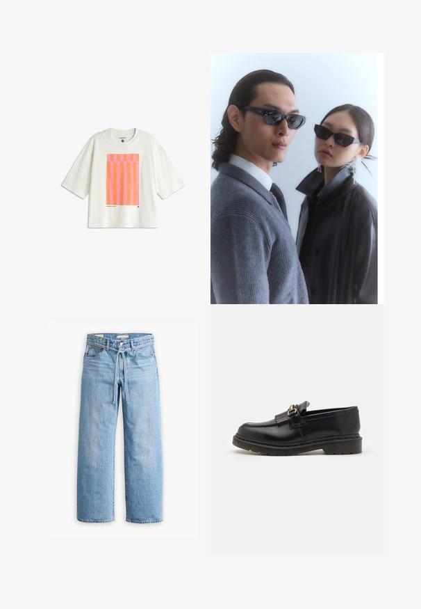 Weißes, oversized T-Shirt aus Baumwolle mit einem grafischen Design, das auf der Vorderseite vertikale pinke und orange Streifen zeigt.; Hellblaue Jeans im weiten Schnitt mit hoher Taille, Knopf- und Reißverschluss sowie einer Kordelzugdetails an der Taille. Roh geschnittener Saum.; Schwarze Lederloafers mit runder Zehenform, dekorativem Fransenbesatz und goldenen Hardware-Akzenten. Dicke Gummisohle für zusätzlichen Halt und Strapazierfähigkeit.; Sonnenbrille mit eckigen schwarzen Rahmen, getragen von einem Modell mit einem grauen Pullover, der ein strukturiertes Strickmuster zeigt, sowie einer schwarzen Lederjacke, die von einem anderen Modell getragen wird.; Reißverschlussbeutel in Dunkelblau, aus glänzendem Material, mit einer glatten Textur und dezentem Branding auf der Vorderseite. Kompakte und vielseitige Gestaltung.